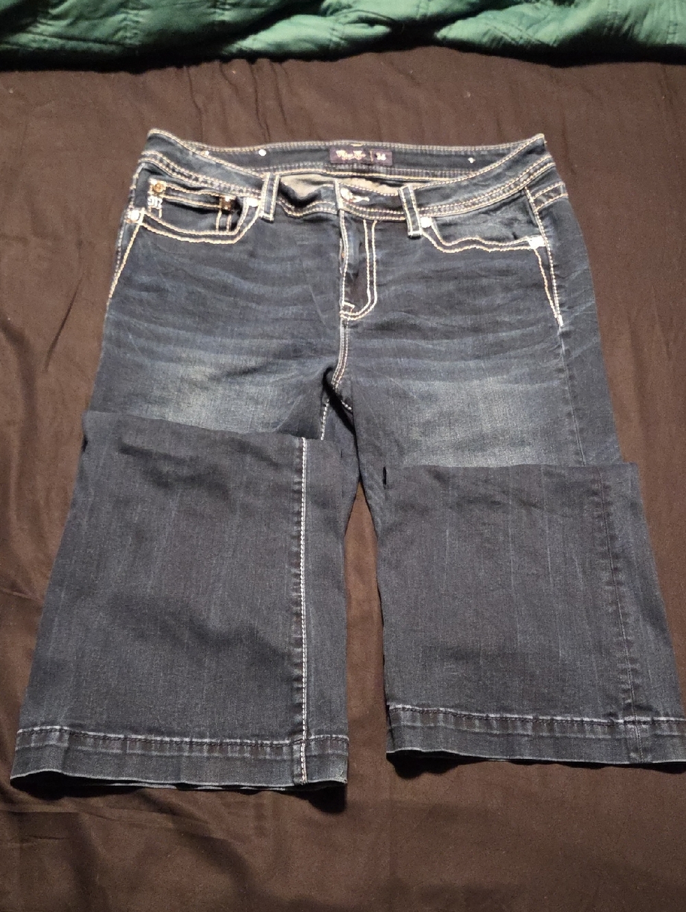 Miss Me Mid-Rise Trouser Embellished Flap Pocket Jeans Size 34 Inseam 32